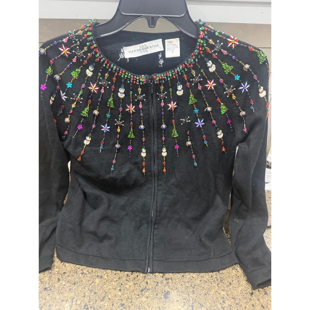 vtg marisa christina black embellished beaded‎ sweater zip front small